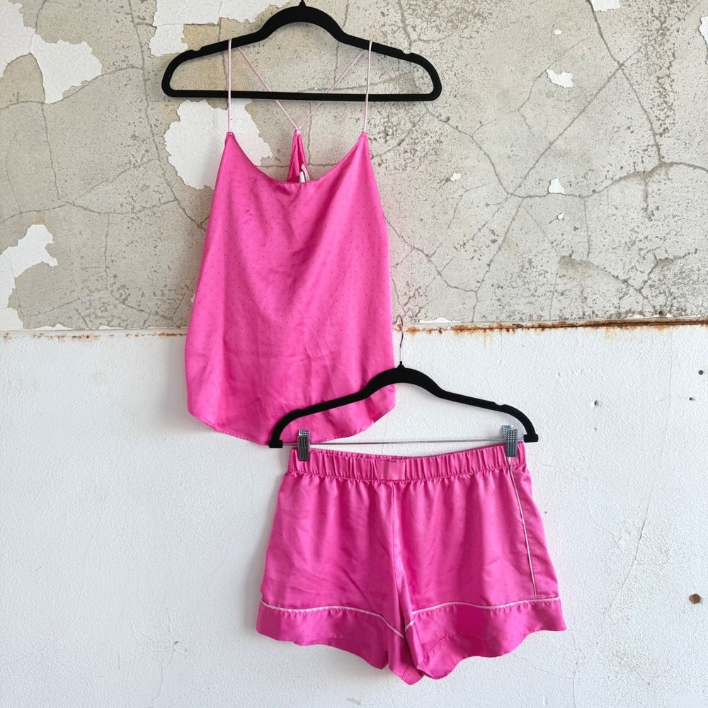 Victorias Secret Satin Pajama Set Hot Pink Polka Dot PJs Silky Cami Shorts Y2K
